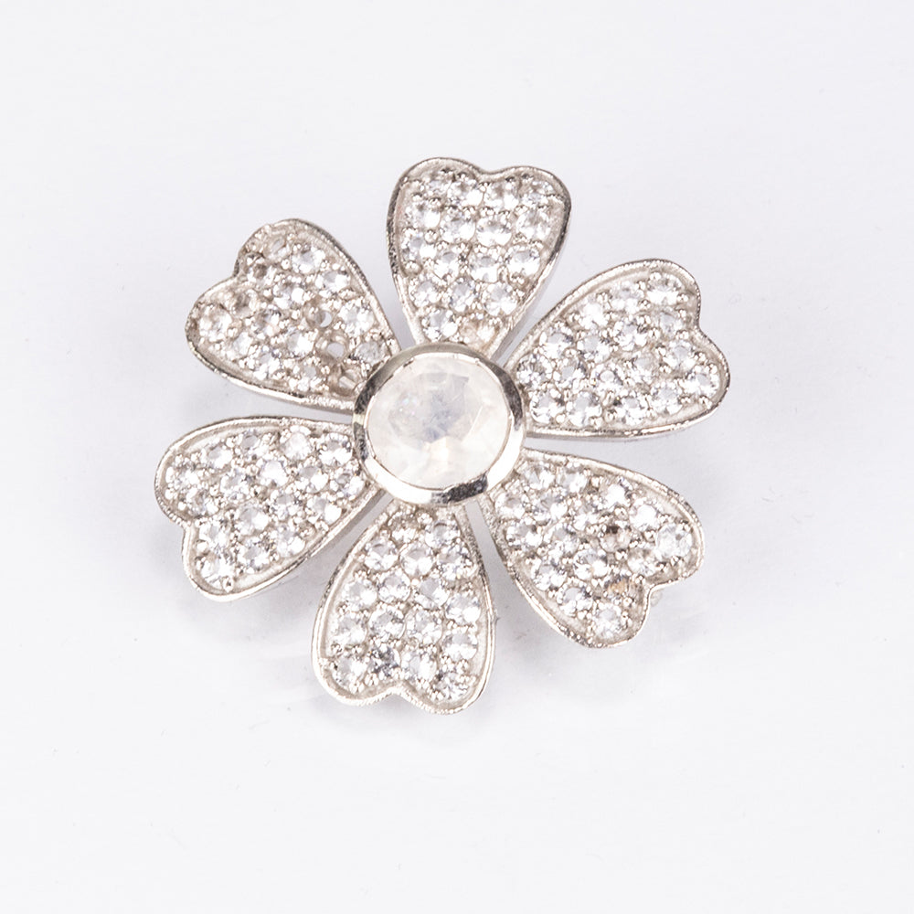 Broche de Plata con Piedra Lunar Arco Iris y Topacio Blanco