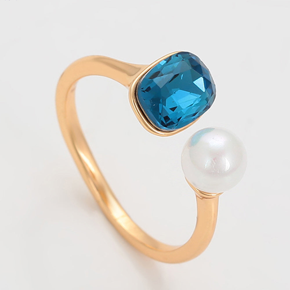Anillo de Aleación Bañado en Oro con Perla de cristal y Cristal Emporia® Azul