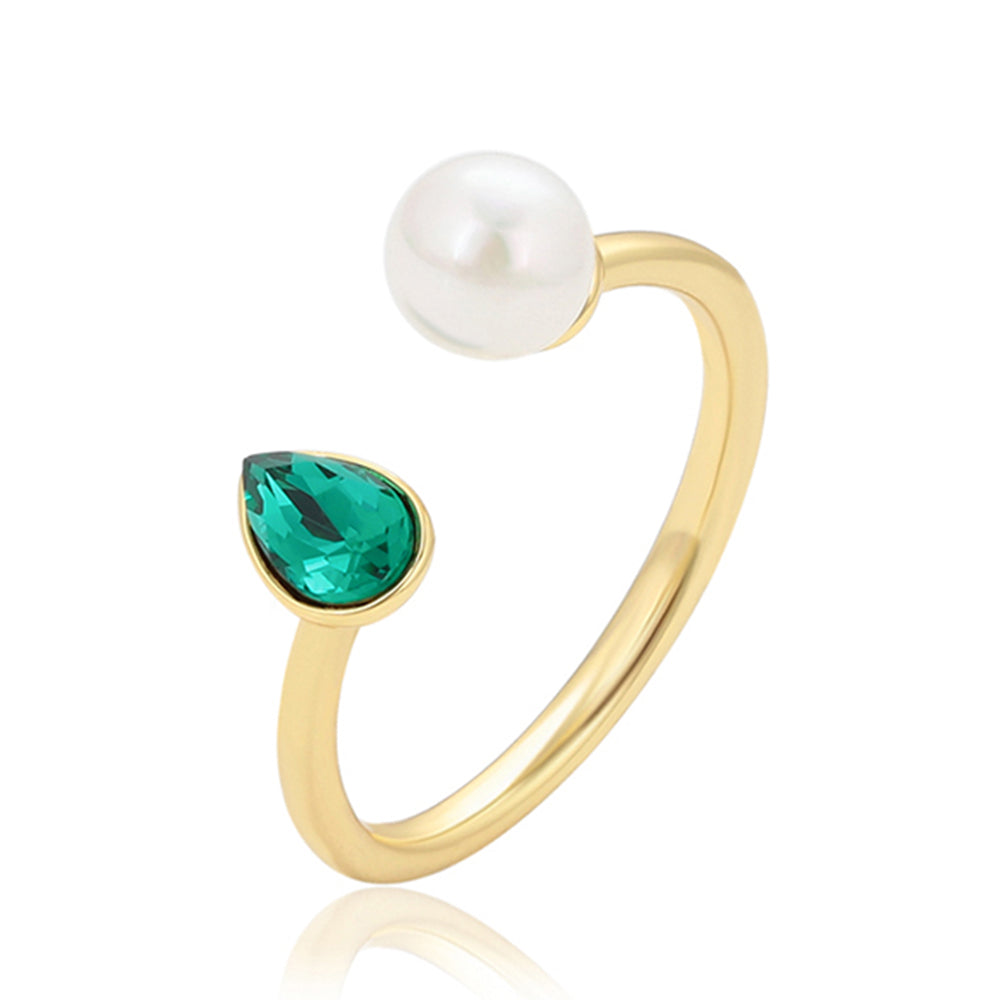 Anillo de Aleación Bañado en Oro con Perla de cristal y Cristal Emporia® Verde 1 