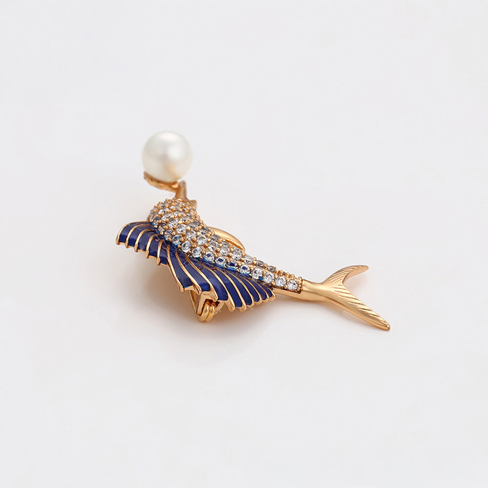 Broche de Aleación Bañado en Oro con Cristal Emporia® Blanco y Perla de cristal 5 