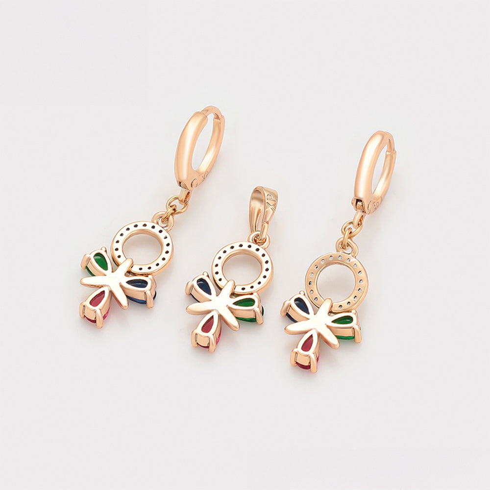 Conjunto de Aleación Bañado en Oro con Cristal Emporia® Rojo y Cristal Emporia® Verde ( Pendientes +Colgante ) 7 