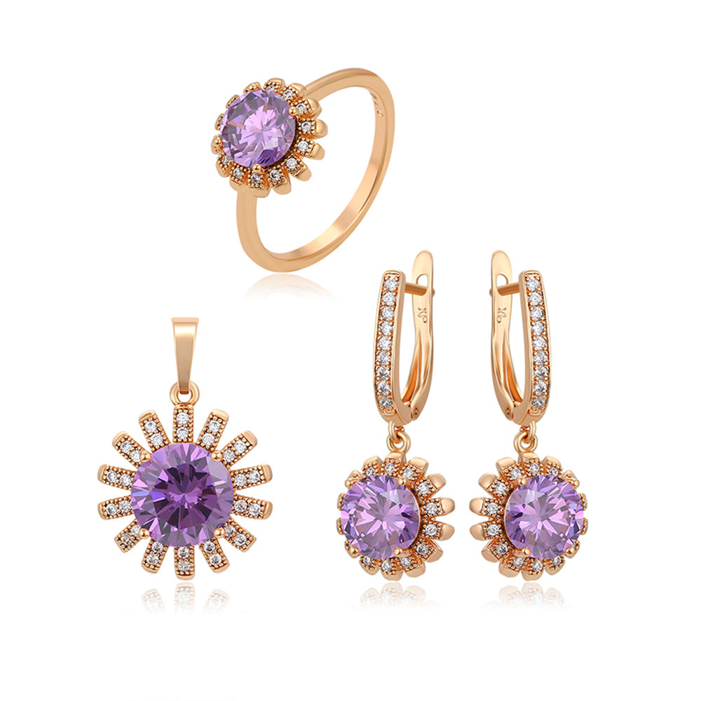 Conjunto de Aleación Bañado en Oro con Cristal Emporia® Púrpura y Cristal Emporia® Blanco ( Pendientes +Anillo +Colgante ) 2 