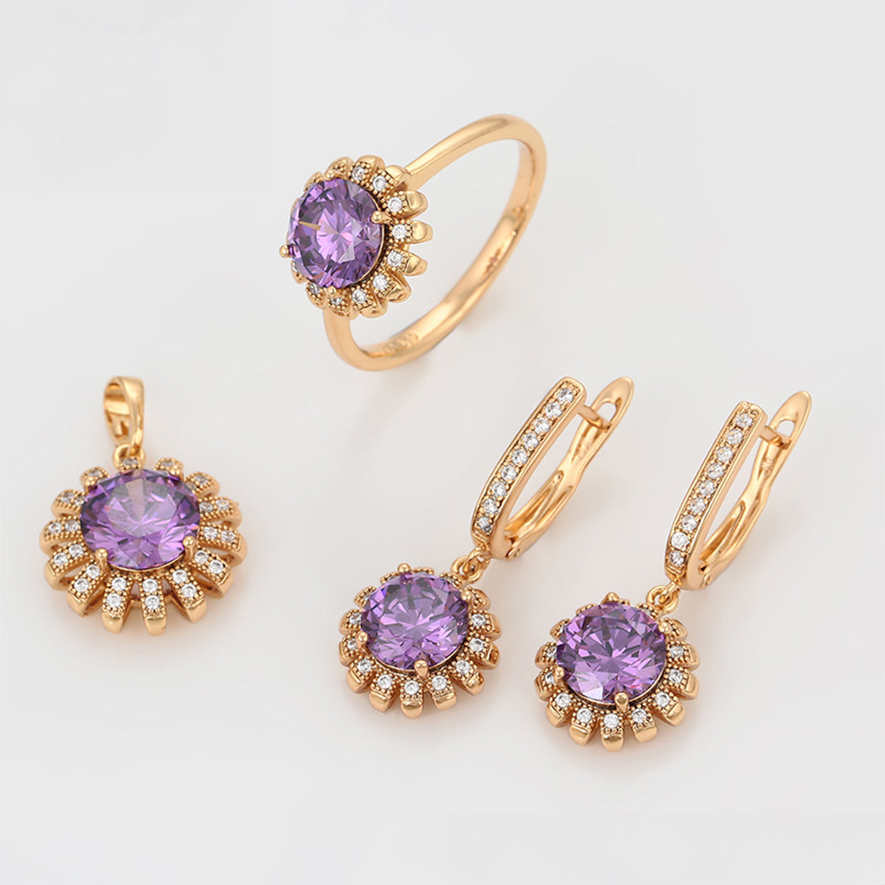 Conjunto de Aleación Bañado en Oro con Cristal Emporia® Púrpura y Cristal Emporia® Blanco ( Pendientes +Anillo +Colgante ) 1 