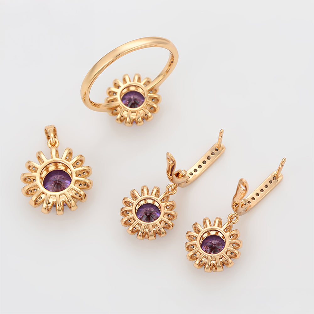 Conjunto de Aleación Bañado en Oro con Cristal Emporia® Púrpura y Cristal Emporia® Blanco ( Pendientes +Anillo +Colgante )