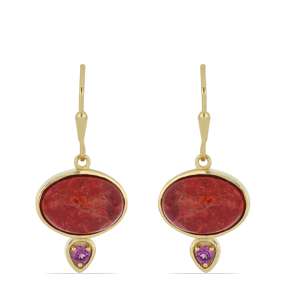 Pendientes de Plata Bañada en Oro con Coral de Esponja Roja y Granate Rodolita de Minas Gerais