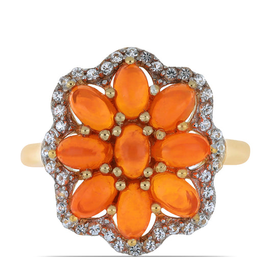 Anillo de Plata Bañada en Oro con Ópalo Naranja de Lega Dembi y Topacio Blanco