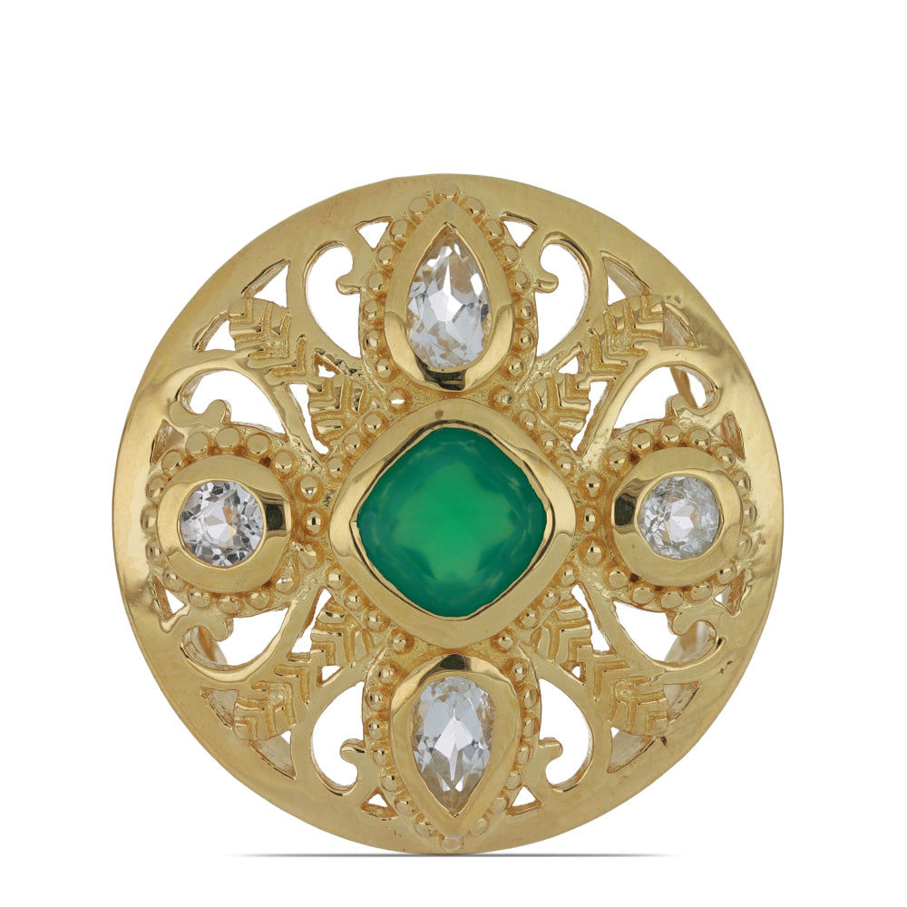 Anillo de Plata Bañada en Oro con Ágata Verde y Topacio Blanco 1 