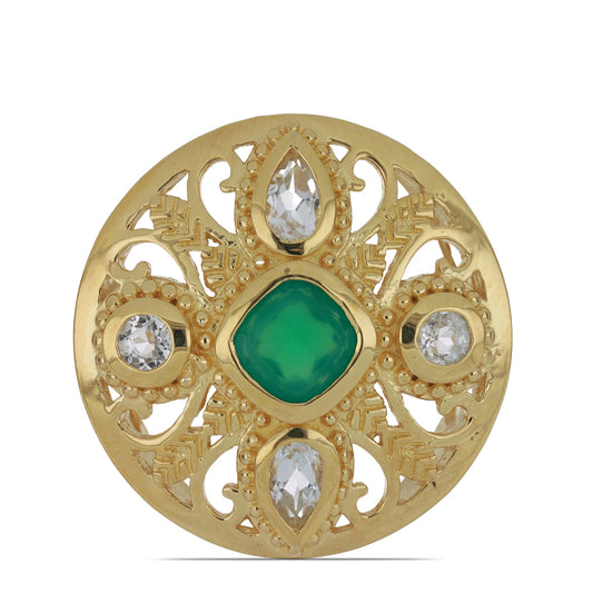 Anillo de Plata Bañada en Oro con Ágata Verde y Topacio Blanco