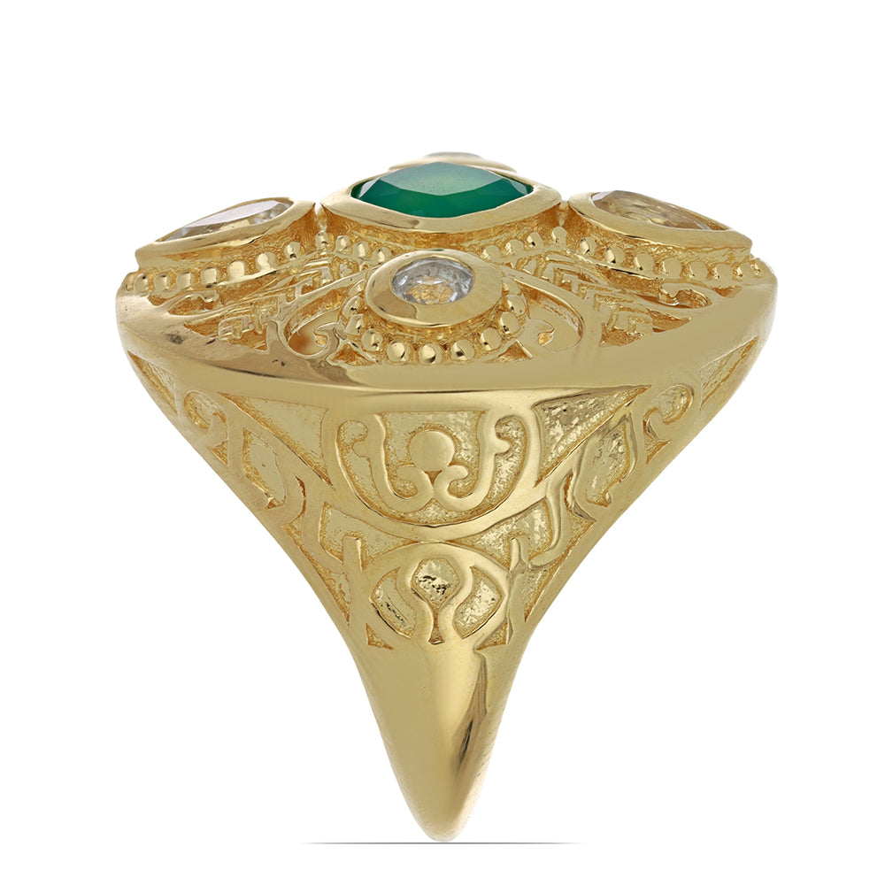 Anillo de Plata Bañada en Oro con Ágata Verde y Topacio Blanco 4 