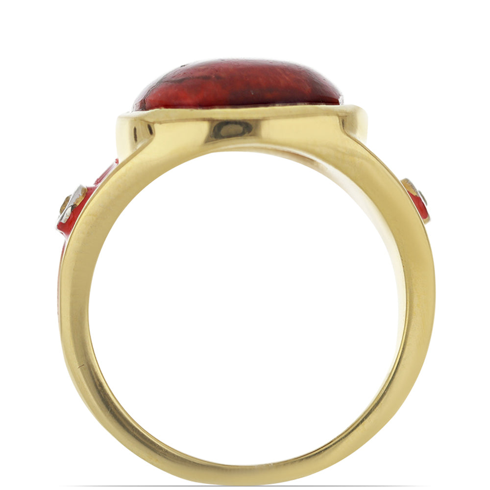 Anillo de Plata Bañada en Oro con Esmalte y Coral de Esponja Roja 2 