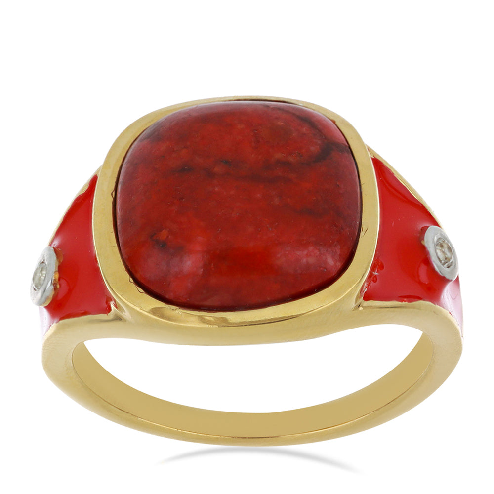 Anillo de Plata Bañada en Oro con Esmalte y Coral de Esponja Roja