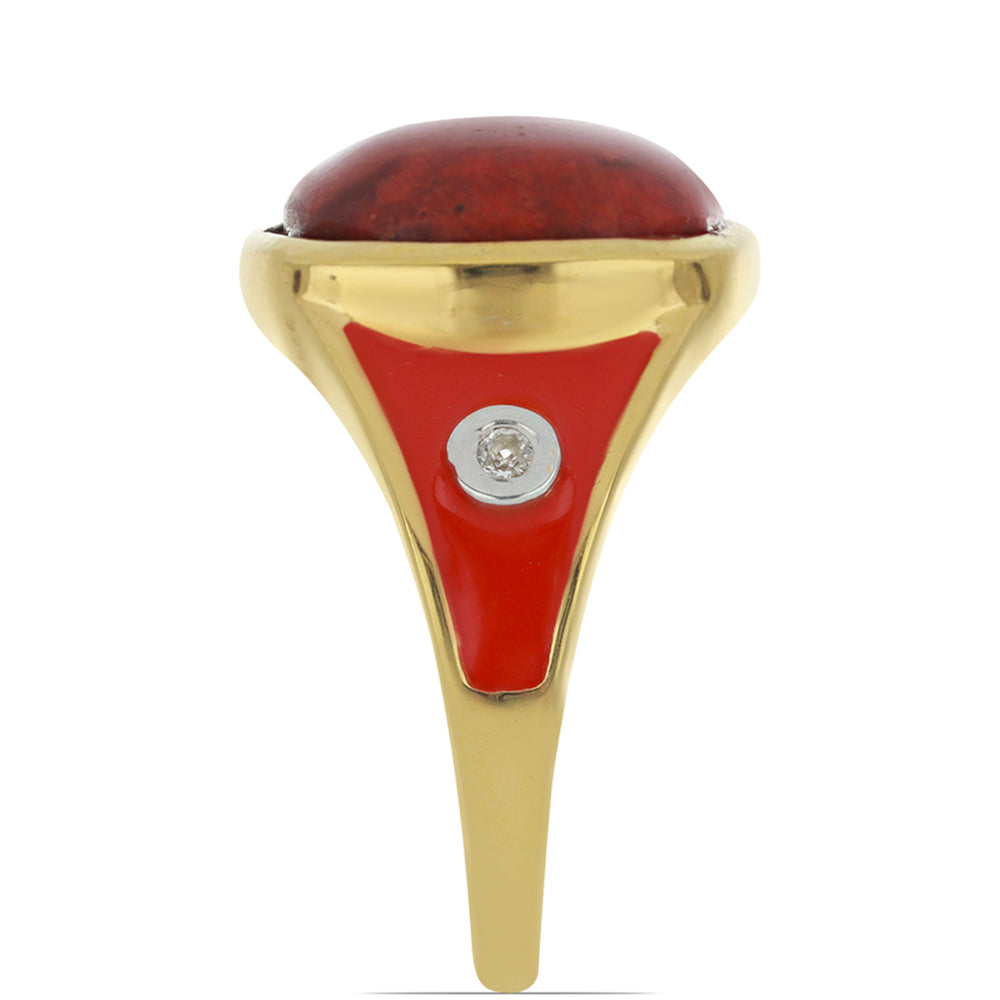 Anillo de Plata Bañada en Oro con Esmalte y Coral de Esponja Roja