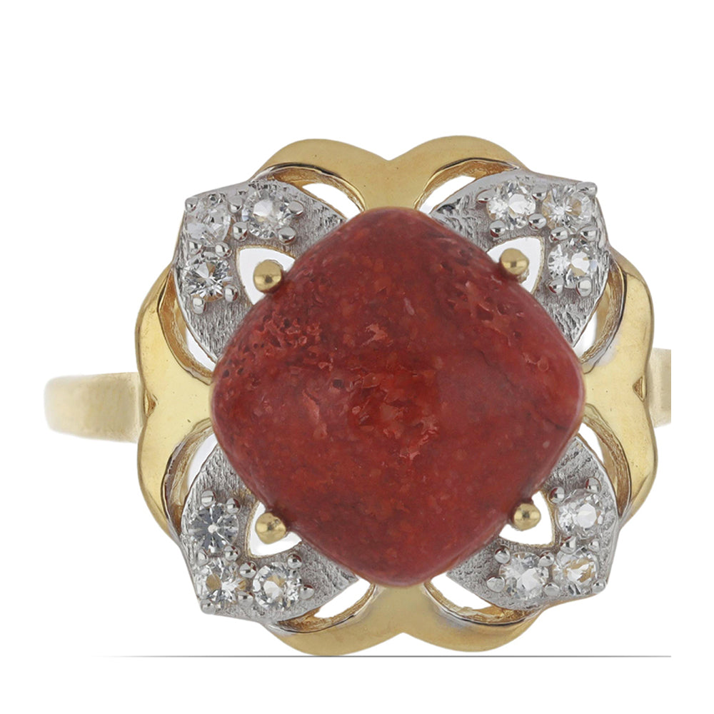 Anillo de Plata Bañada en Oro con Coral de Esponja Roja y Topacio Blanco 1 