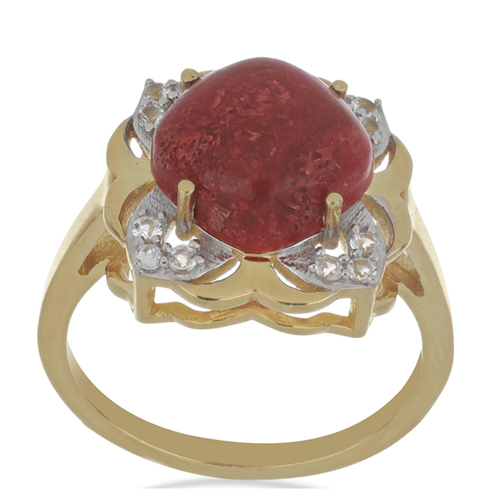 Anillo de Plata Bañada en Oro con Coral de Esponja Roja y Topacio Blanco 3 