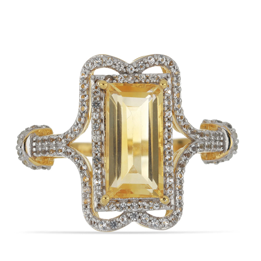 Anillo de Plata Bañada en Oro con Citrino de los Montes Urales y Topacio Blanco 1 