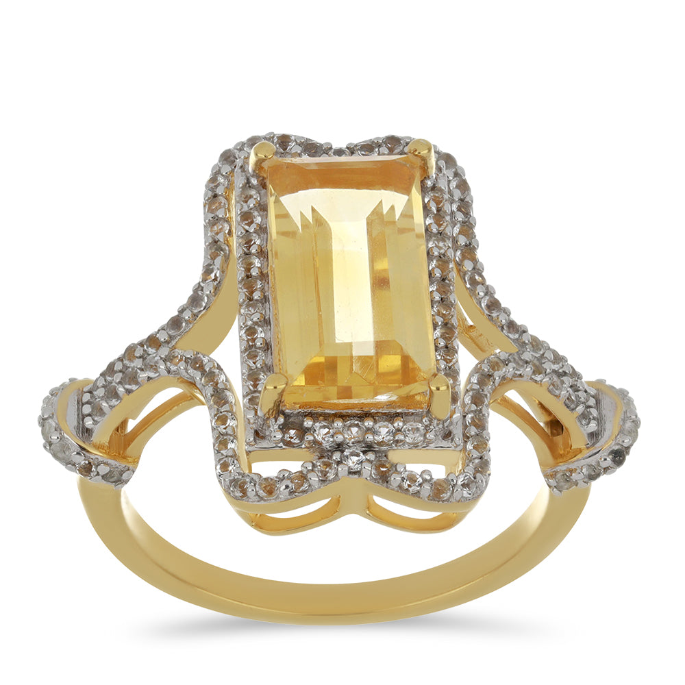 Anillo de Plata Bañada en Oro con Citrino de los Montes Urales y Topacio Blanco 3 