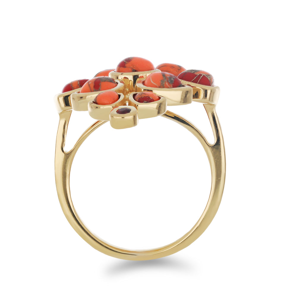 Anillo de Plata Bañada en Oro con Turquesa de Mohave y Granate Barton 2 