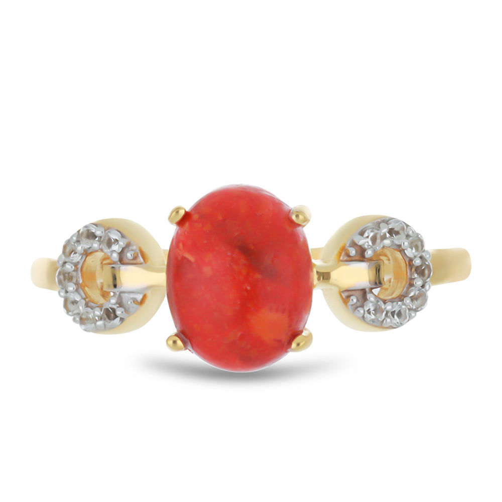 Anillo de Plata Bañada en Oro con Coral de Esponja Roja y Topacio Blanco 1 