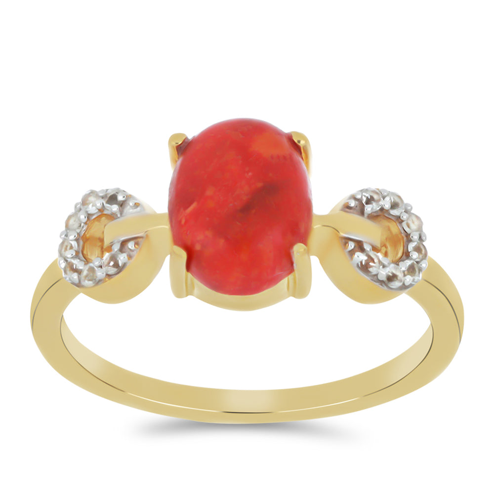 Anillo de Plata Bañada en Oro con Coral de Esponja Roja y Topacio Blanco 3 