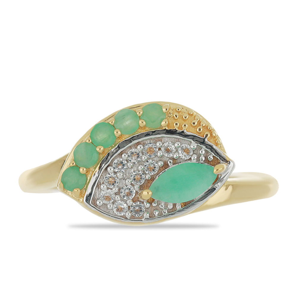 Anillo de Plata Bañada en Oro con Esmeralda de Brasil y Topacio Blanco 1 