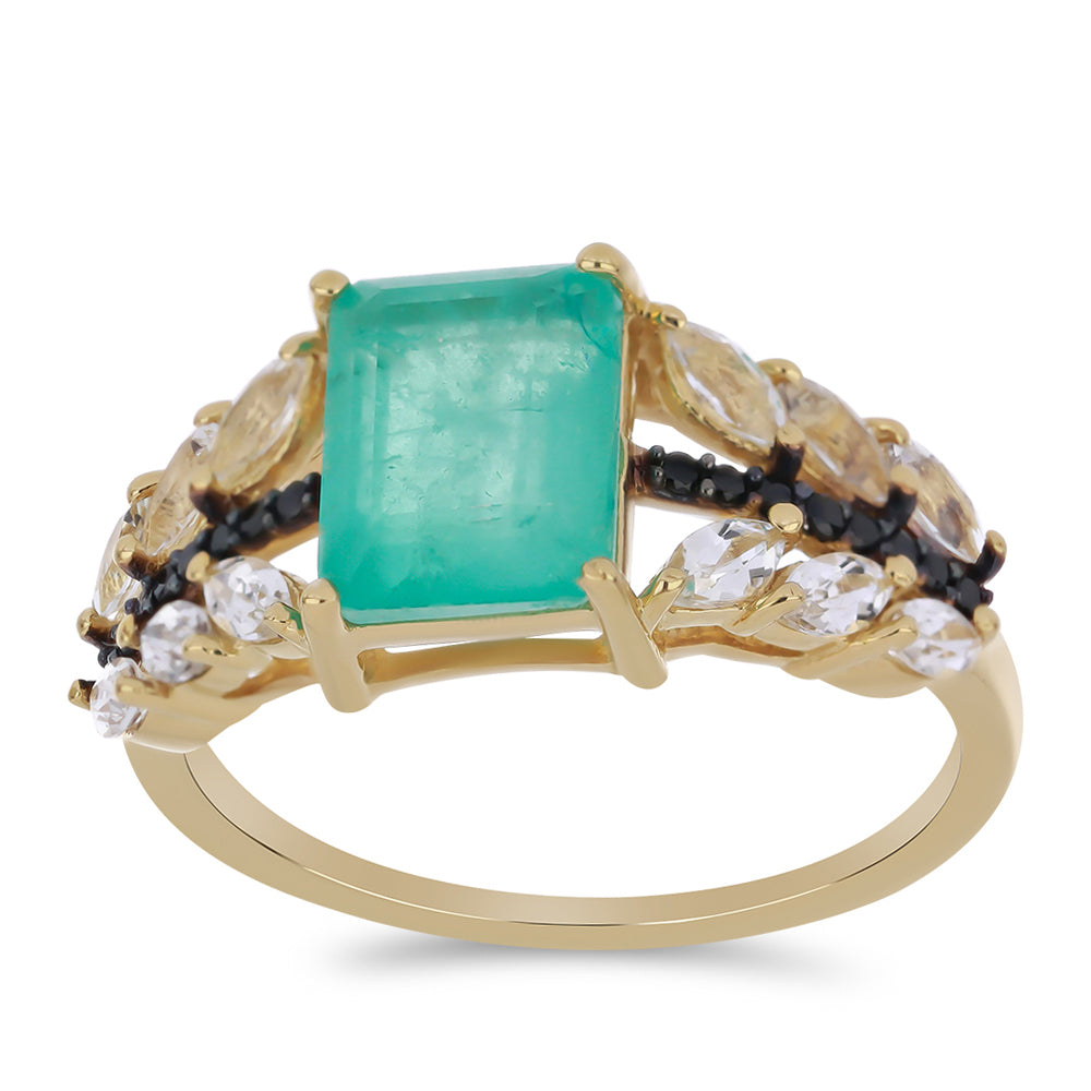 Anillo de Plata Bañada en Oro con Cuarzo Paraiba y Espinela Negra de Badakhshan Gorno