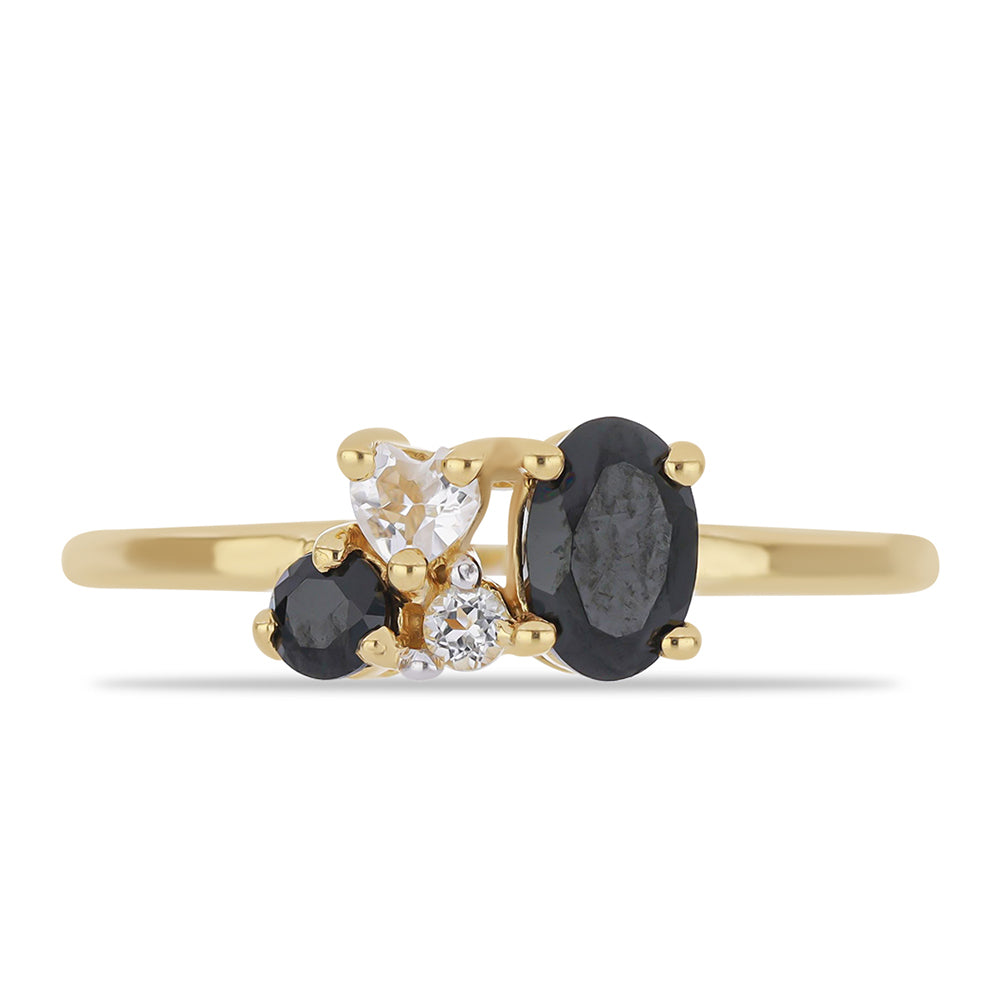 Anillo de Plata Bañada en Oro con Espinela Negra de Badakhshan Gorno y Topacio Blanco 1 