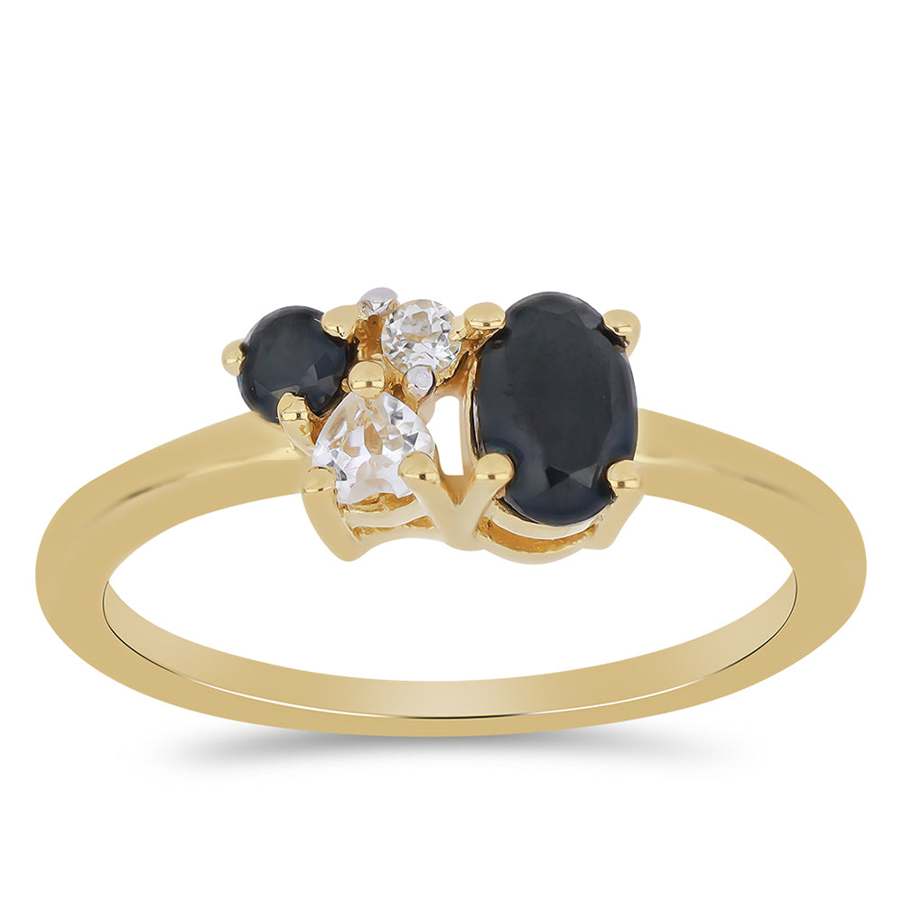 Anillo de Plata Bañada en Oro con Espinela Negra de Badakhshan Gorno y Topacio Blanco