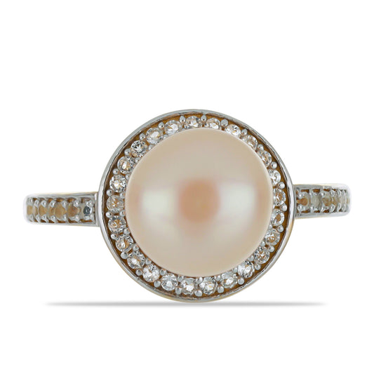Anillo de Plata Bañada en Oro con Perla de agua dulce melocotón y Topacio Blanco