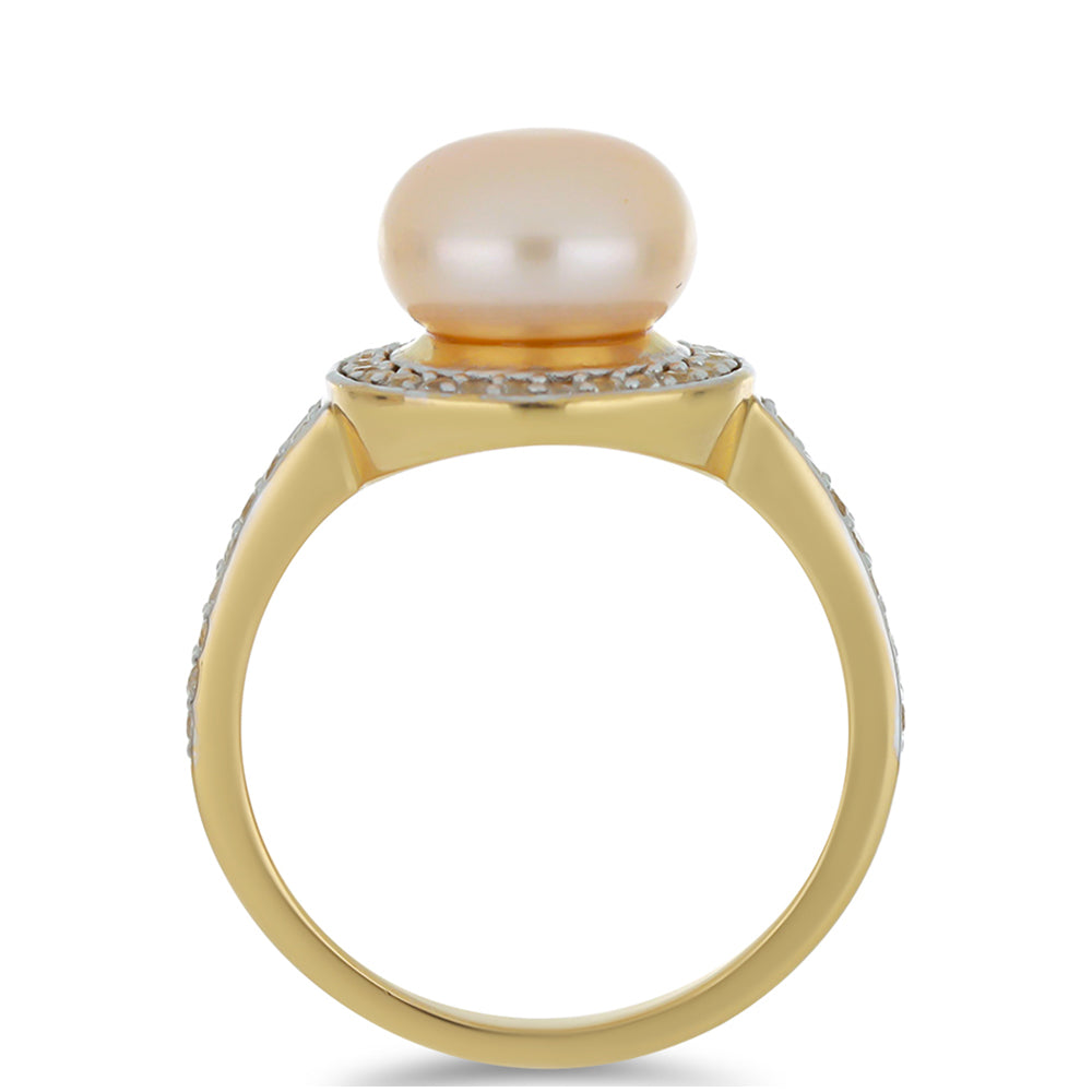 Anillo de Plata Bañada en Oro con Perla de agua dulce melocotón y Topacio Blanco 2 