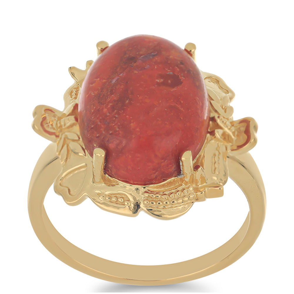 Anillo de Plata Bañada en Oro con Coral de Esponja Roja