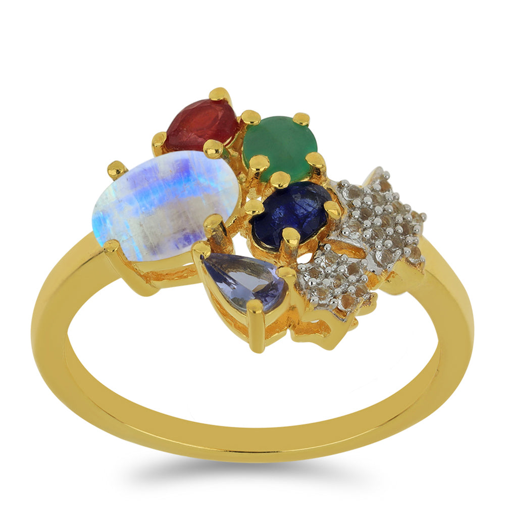 Anillo de Plata Bañada en Oro con Piedra Lunar Arco Iris y Tanzanita 3 