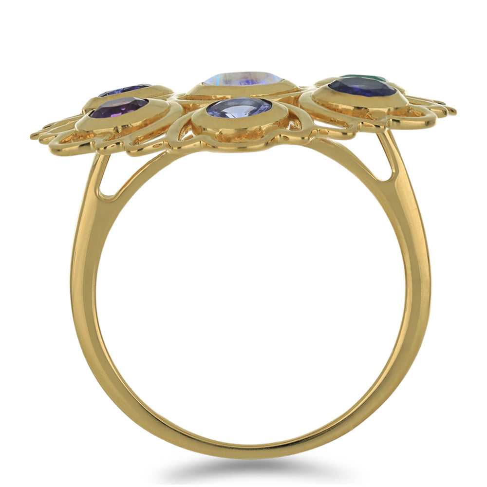 Anillo de Plata Bañada en Oro con Piedra Lunar Arco Iris y Tanzanita 2 