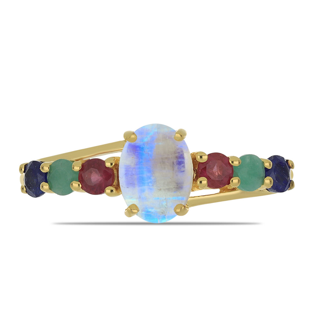 Anillo de Plata Bañada en Oro con Piedra Lunar Arco Iris y Rubí de Madagascar 1 
