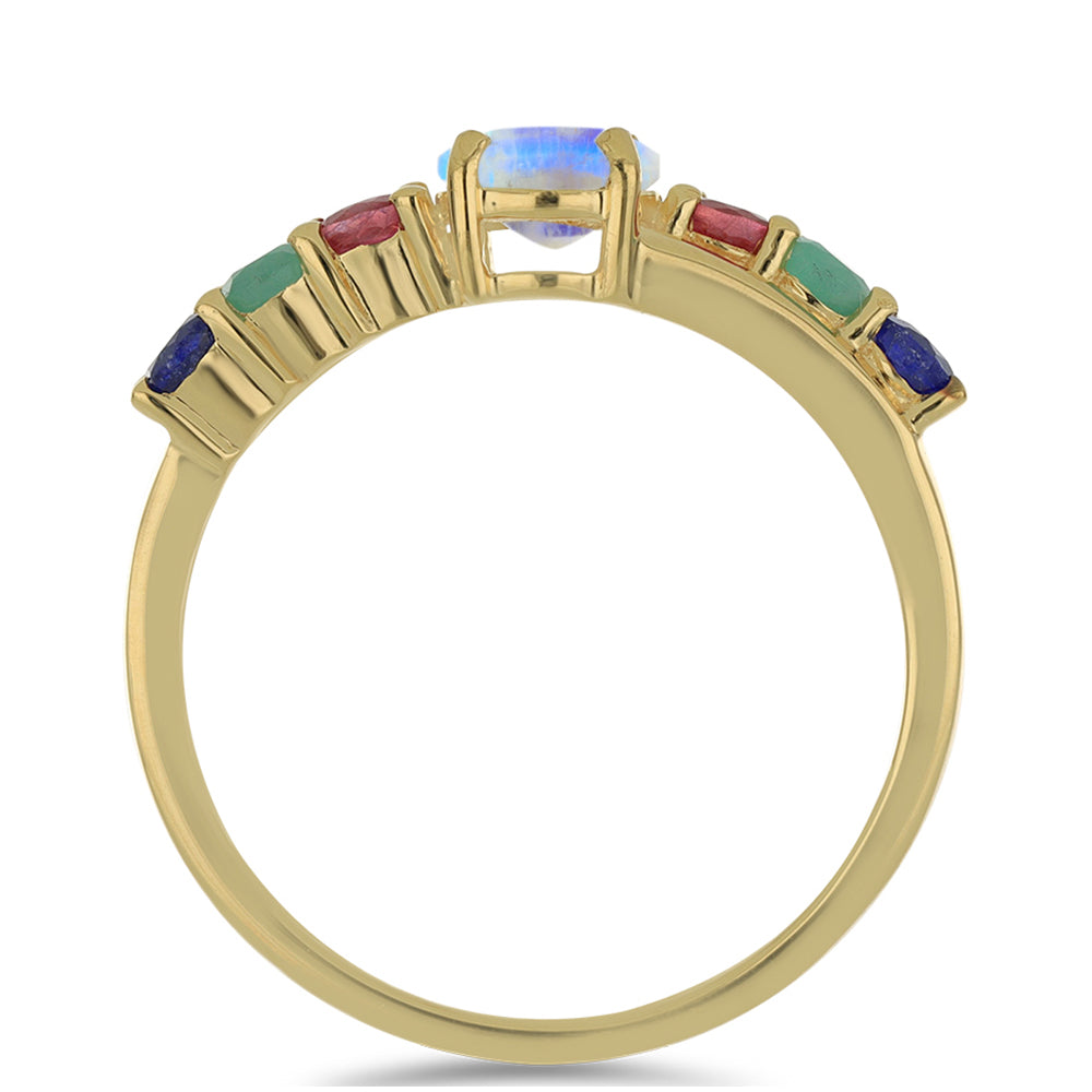 Anillo de Plata Bañada en Oro con Piedra Lunar Arco Iris y Rubí de Madagascar 2 
