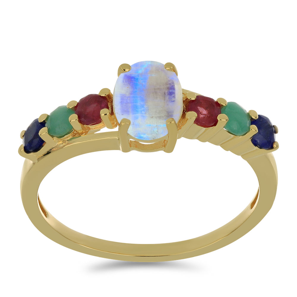 Anillo de Plata Bañada en Oro con Piedra Lunar Arco Iris y Rubí de Madagascar