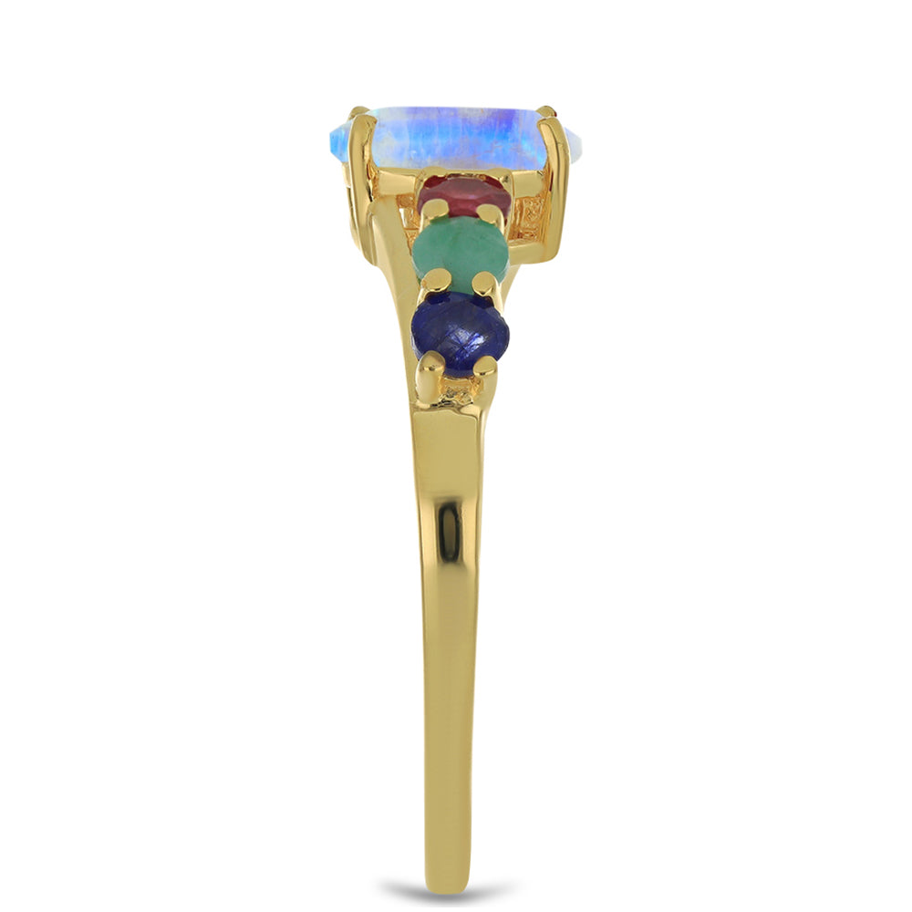 Anillo de Plata Bañada en Oro con Piedra Lunar Arco Iris y Rubí de Madagascar
