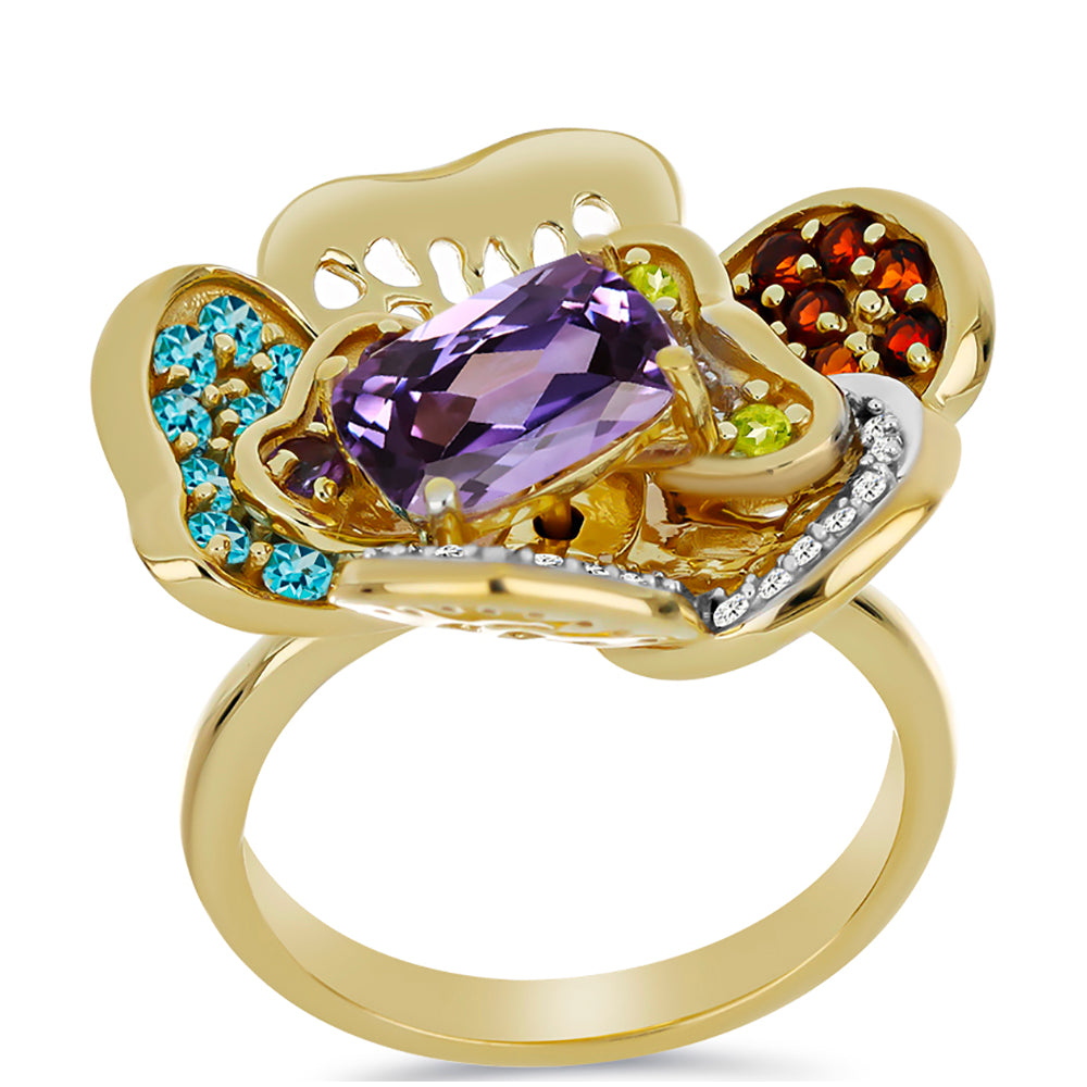 Anillo de Plata Bañada en Oro con Amatista de Marruecos y Peridoto de Changbai 3 