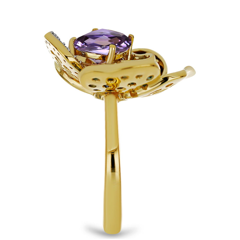 Anillo de Plata Bañada en Oro con Amatista de Marruecos y Peridoto de Changbai