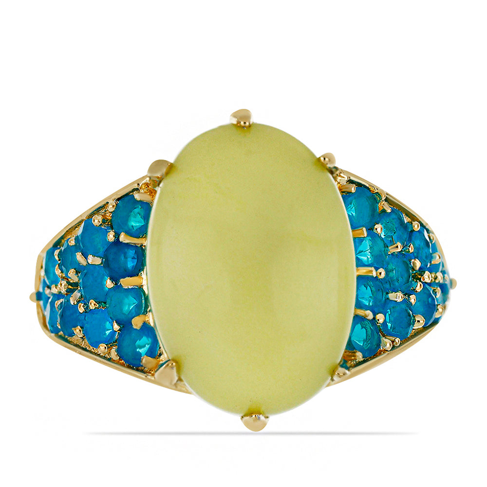 Anillo de Plata Bañada en Oro con Serpentina Amarilla y Ópalo Azul Paraiba de Etiopía 1 