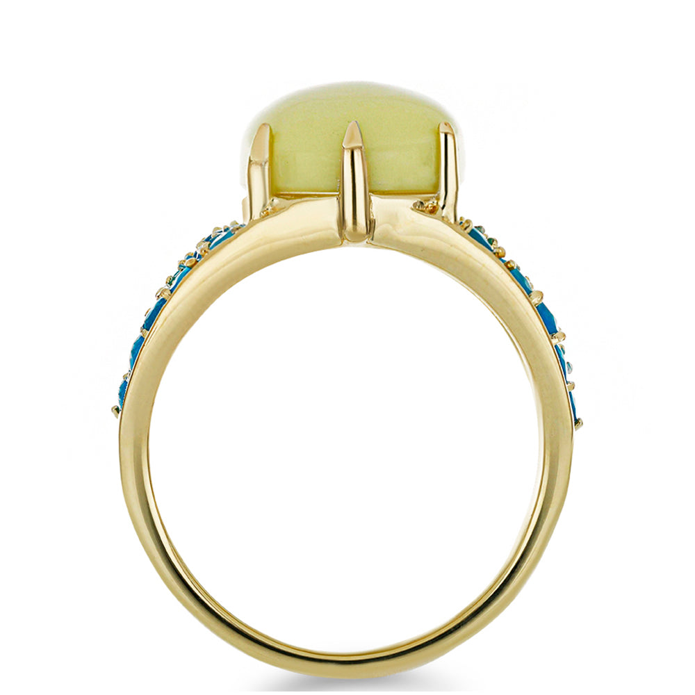 Anillo de Plata Bañada en Oro con Serpentina Amarilla y Ópalo Azul Paraiba de Etiopía 2 