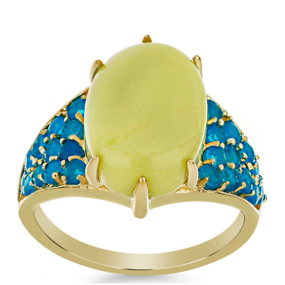 Anillo de Plata Bañada en Oro con Serpentina Amarilla y Ópalo Azul Paraiba de Etiopía