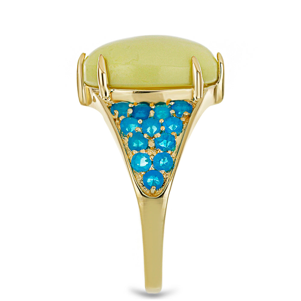 Anillo de Plata Bañada en Oro con Serpentina Amarilla y Ópalo Azul Paraiba de Etiopía