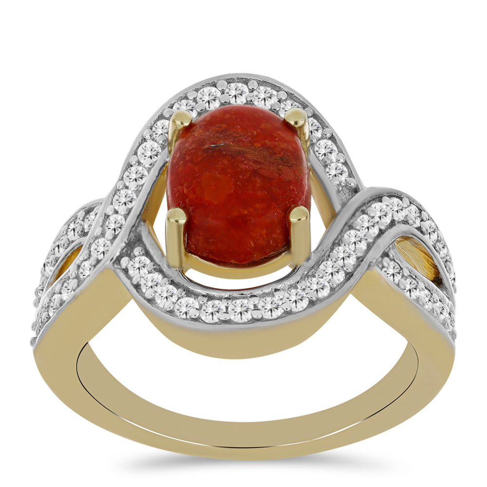 Anillo de Plata Bañada en Oro con Coral Rojo y Topacio Blanco