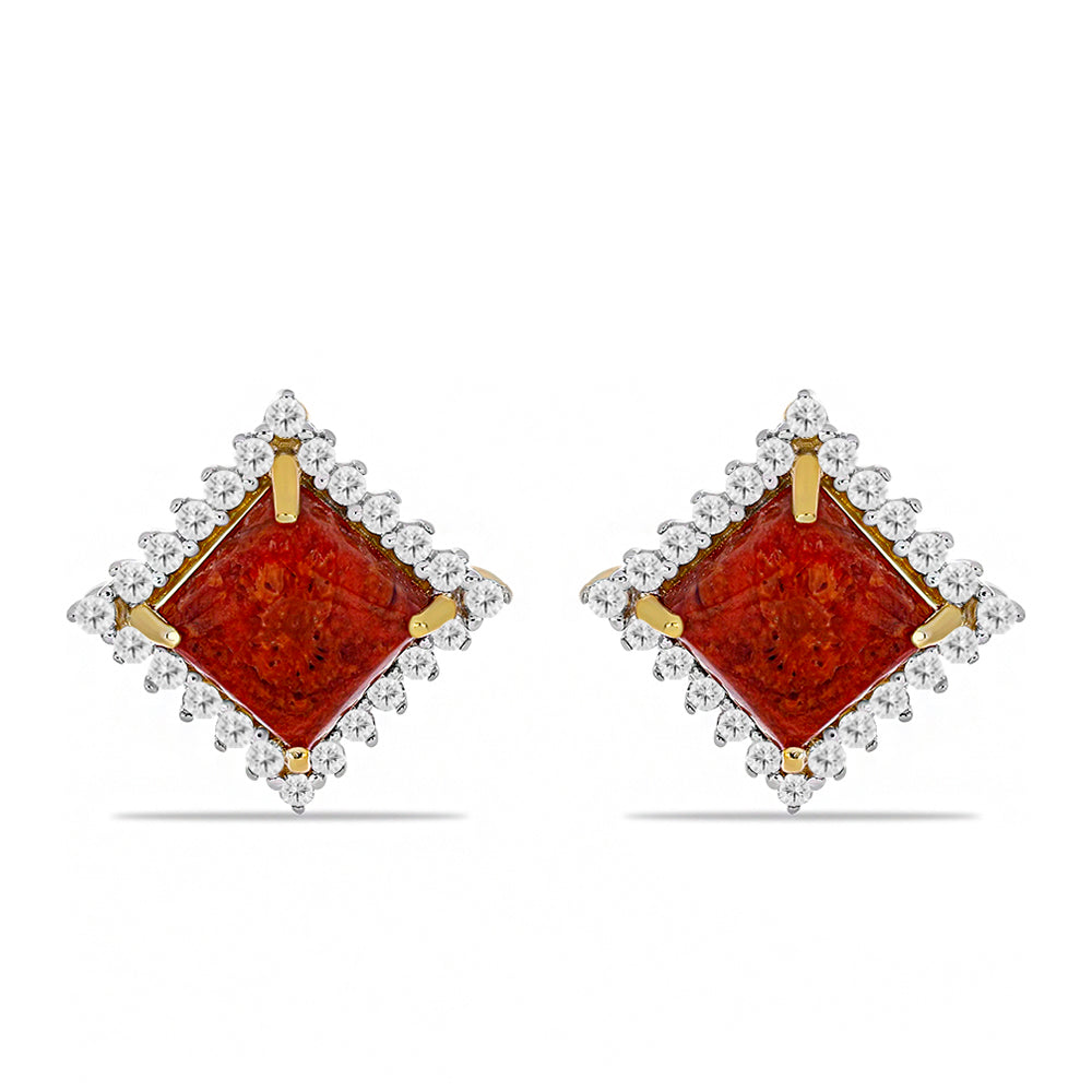 Pendientes de Plata Bañada en Oro con Coral Rojo y Topacio Blanco
