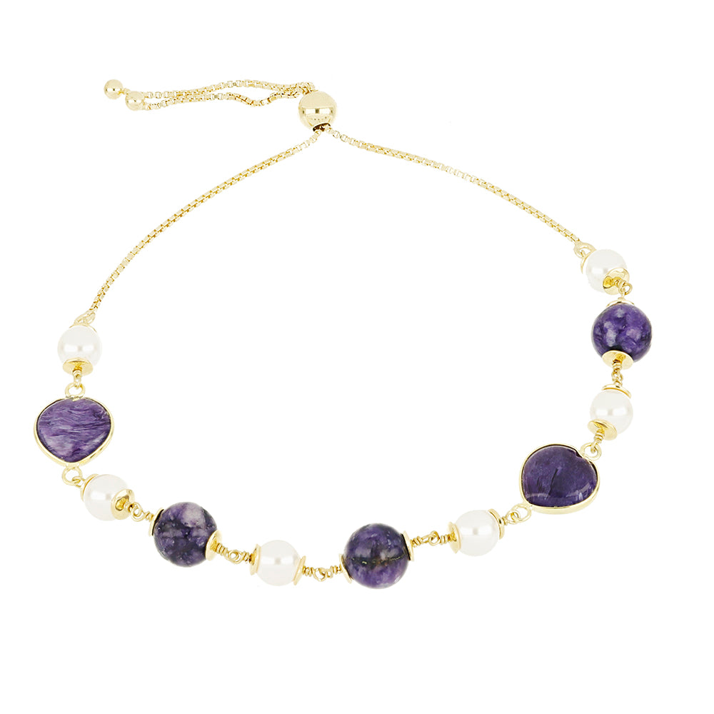 Pulsera de Plata Bañada en Oro con Charoita y Perla de Agua Dulce 1 