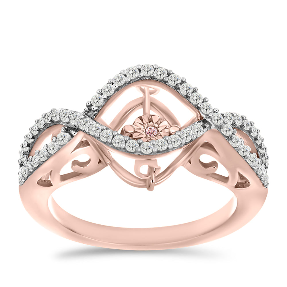 Anillo de Plata Bañada en Oro Rosa con Diamante Rosa Danzantes y Topacio Blanco 3 
