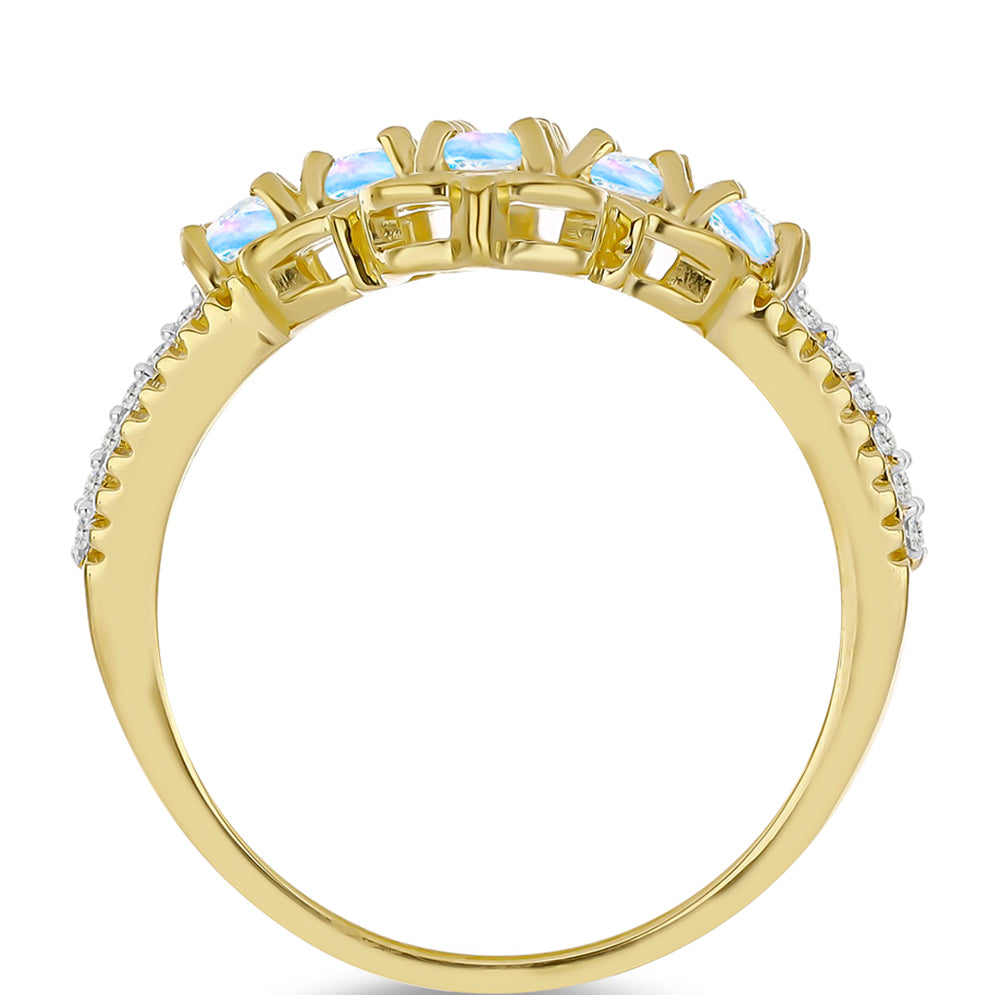Anillo de Plata Bañada en Oro con Piedra Lunar Arco Iris y Topacio Blanco 2 