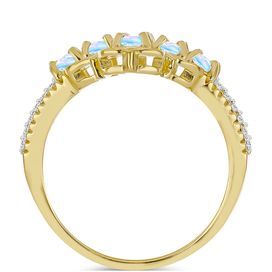 Anillo de Plata Bañada en Oro con Piedra Lunar Arco Iris y Topacio Blanco