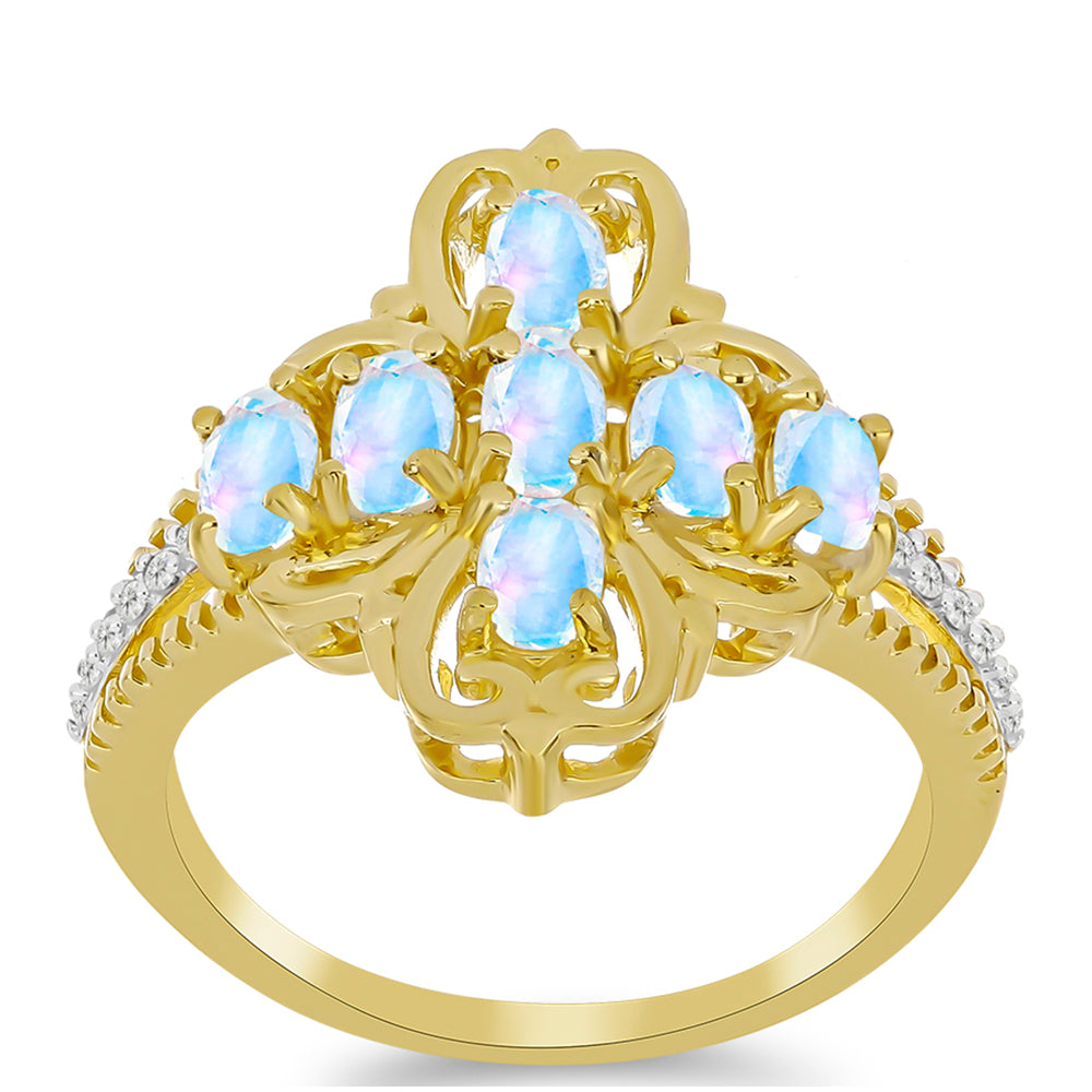 Anillo de Plata Bañada en Oro con Piedra Lunar Arco Iris y Topacio Blanco 3 