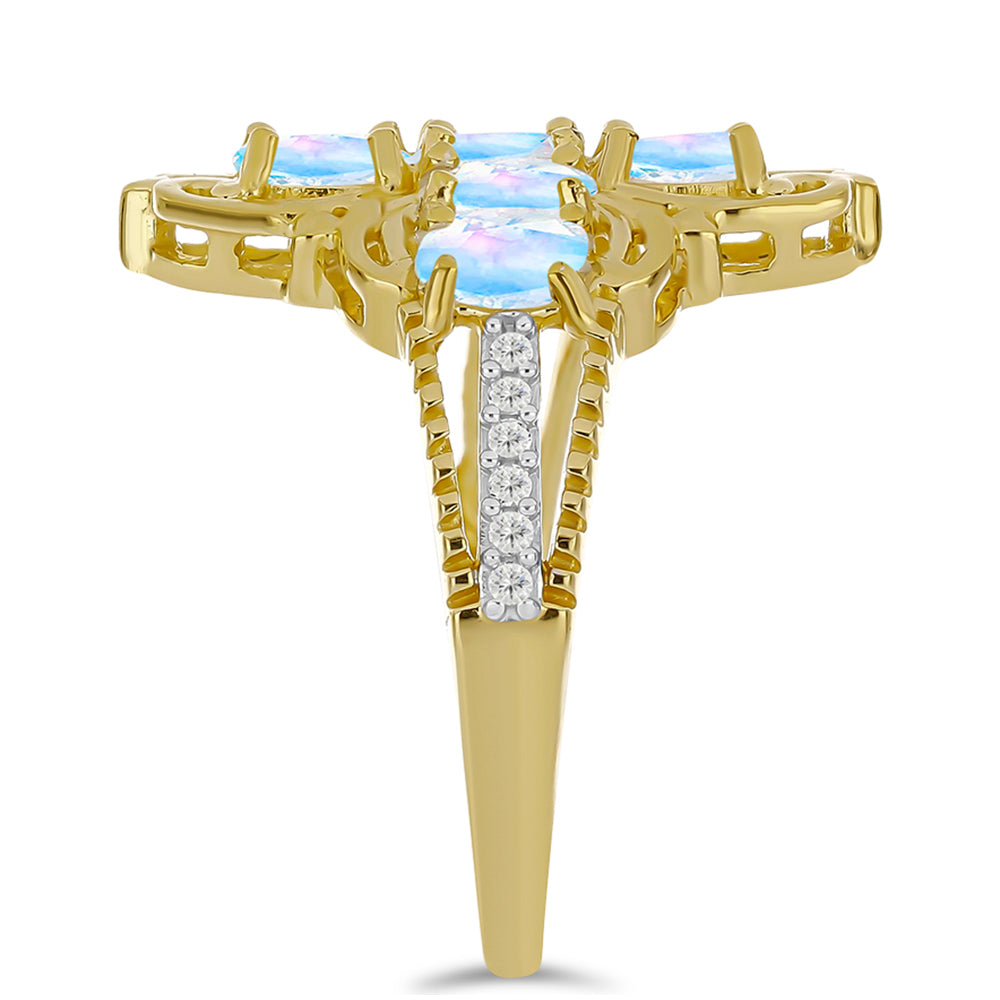 Anillo de Plata Bañada en Oro con Piedra Lunar Arco Iris y Topacio Blanco 4 